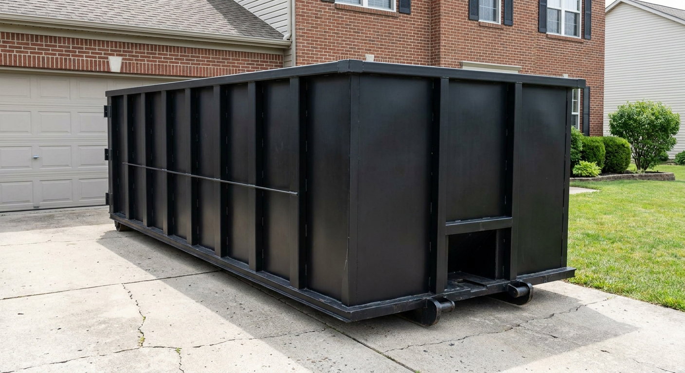 Matte-black 20-yard roll-off container on a Alabaster residential concrete driveway with reinforced ribbed steel sidewalls and a hinged rear walk-in door, clean bright daylight.