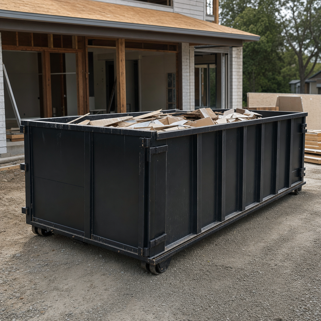 Large matte-black 30-yard construction roll-off dumpster at an active Alabaster jobsite, steel-gray top rails and bottom rollers visible, loaded with construction debris.