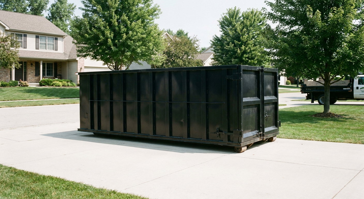 Matte-black 20-yard roll-off dumpster sitting level on a clean Alabaster residential concrete driveway under bright daylight, demonstrating clean placement directly on the concrete.