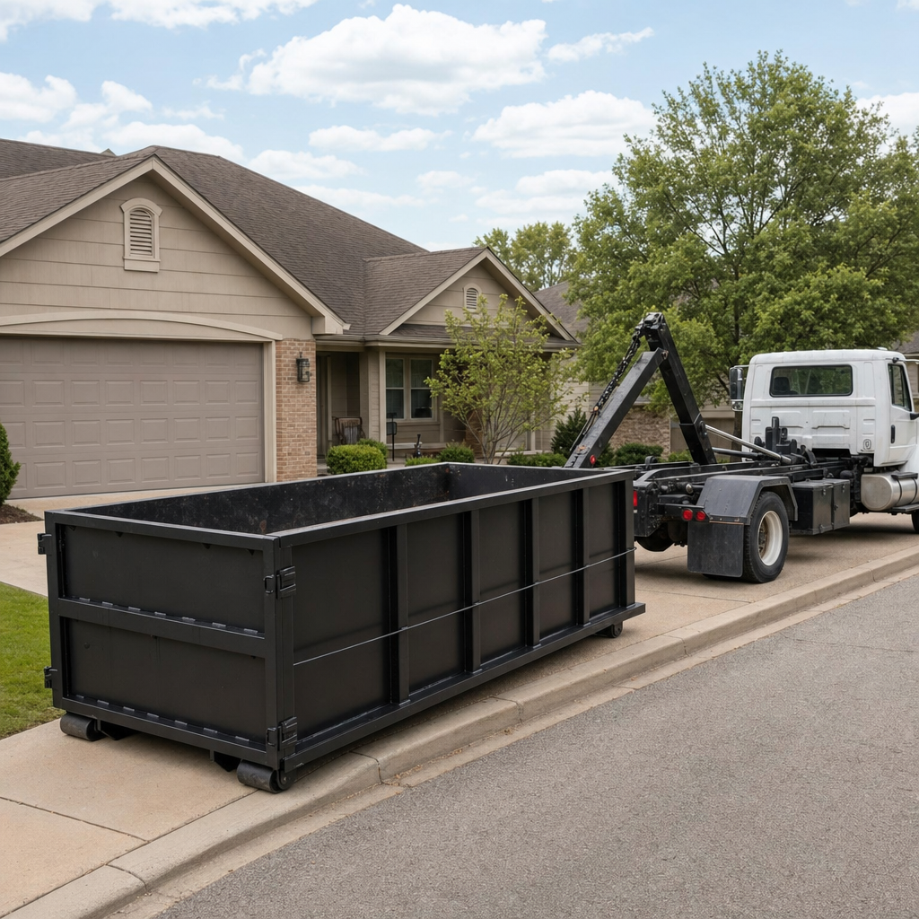 Wide documentary shot of a matte-black roll-off dumpster on a Alabaster residential driveway in the foreground and a contractor jobsite container in the soft-focus background, bright daylight, calm and orderly composition.